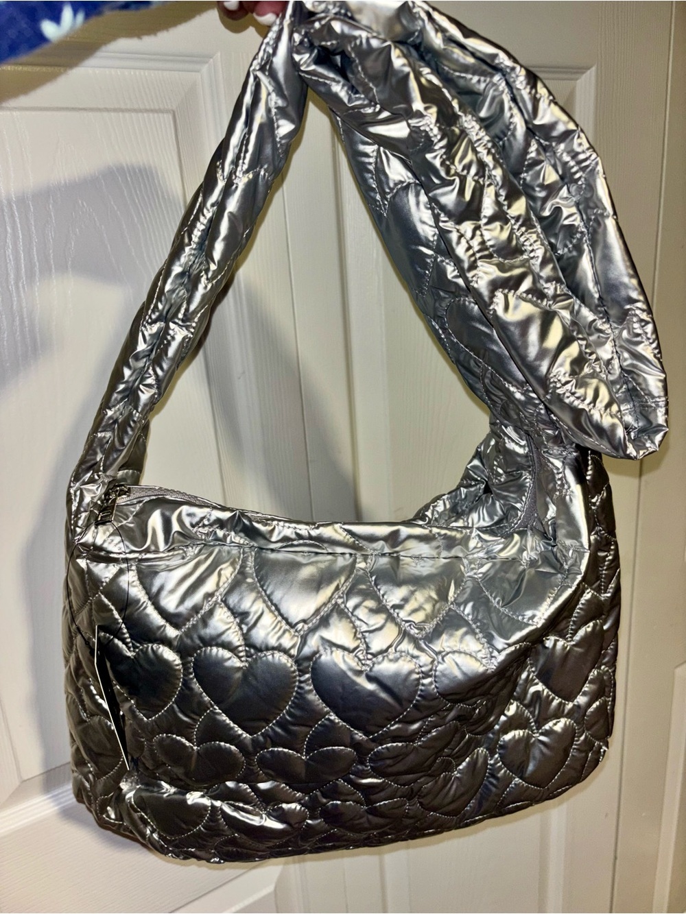 NWT Forever 21 Quilted Hearts Silver Metallic Crossbody Handbag Purse